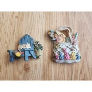 Lot of 2 Resin Handpainted Magnets Adirondack Chair Cat & Floral Basket Decor